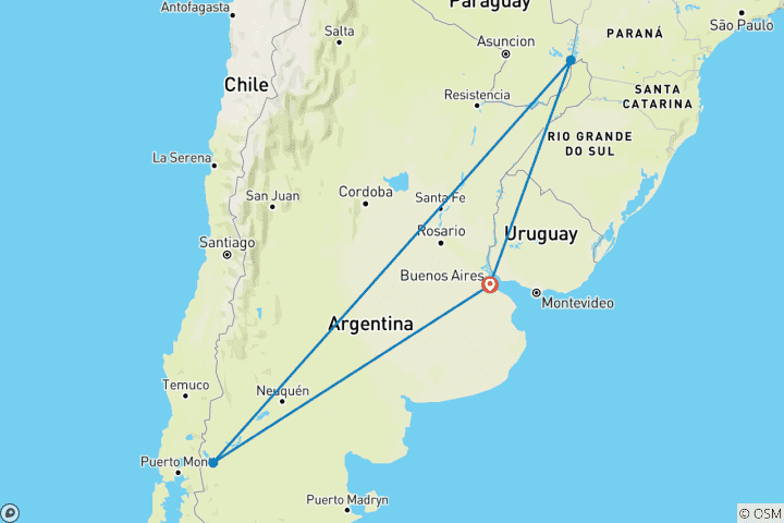 Carte du circuit Triangle de l'Argentine : Buenos Aires, chutes d'Iguazú et Bariloche