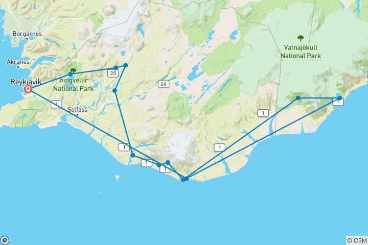 Carte du circuit 3 jours d'observation des aurores boréales en Islande du Sud - Circuit privé