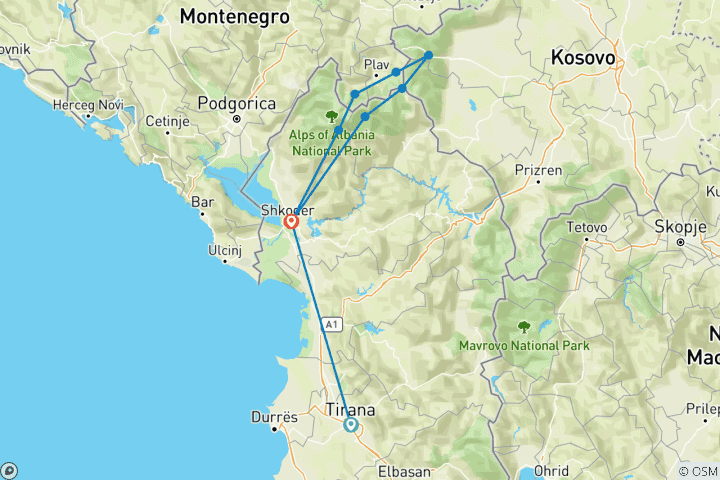 Carte du circuit Peaks of the Balkans 12 jours - Randonnée sans frontières à travers l'Albanie, le Kosovo et le Monténégro (12 jours)