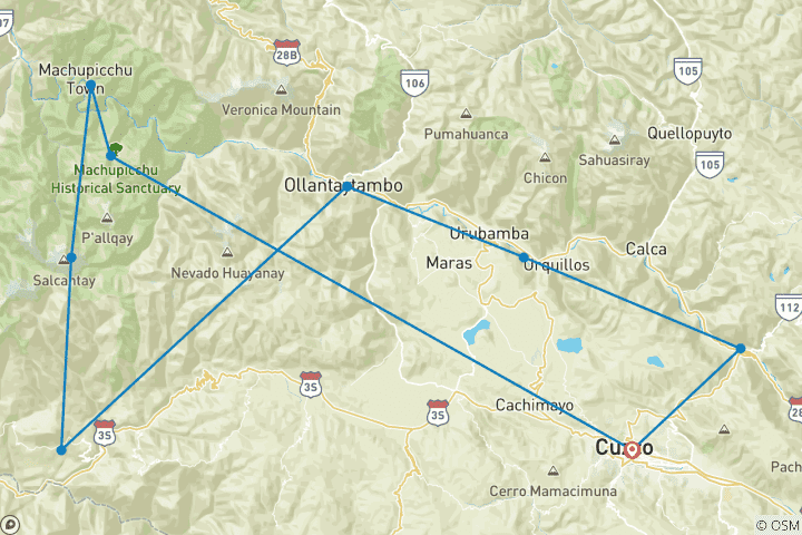 Carte du circuit Trek du Salkantay au Machu Picchu 8 jours/7nuits