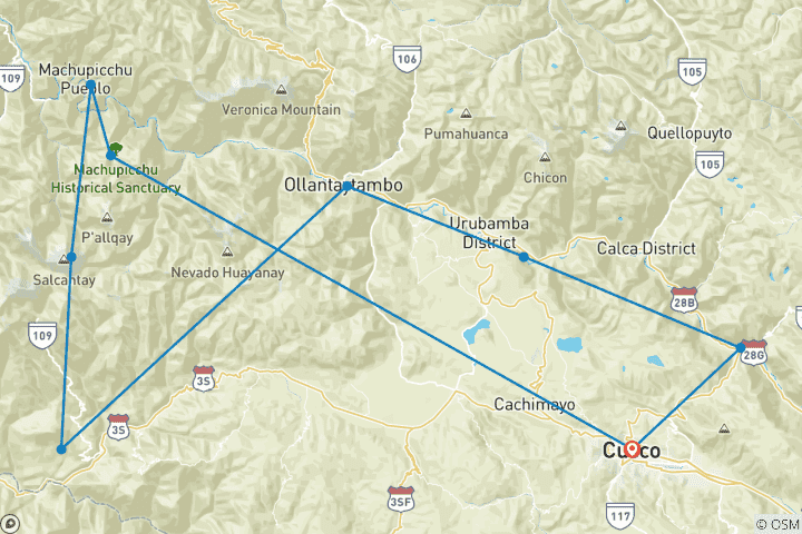 Kaart van Salkantay trektocht naar Machu Picchu 8 dagen/7 nachten