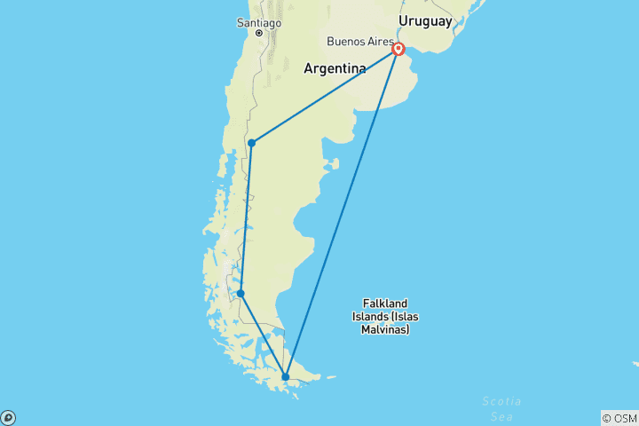 Map of Grand Patagonia Journey: Bariloche, El Calafate & Ushuaia