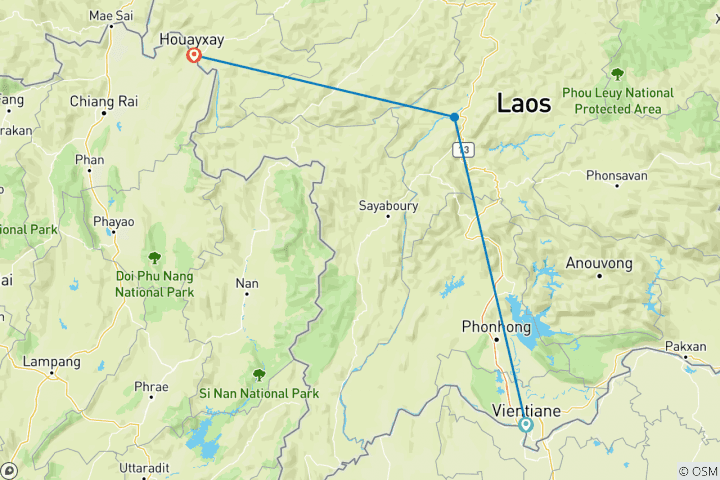 Map of 10 day Luxury Upper Mekong Journey through Laos