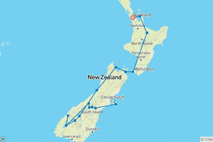 Karte von Fjorde, Vulkane und Begegnungen - von Christchurch nach Auckland (21 Tage)