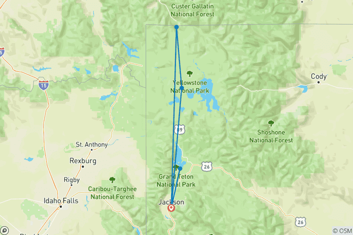 Carte du circuit Aventure à Yellowstone et Grand Tetons