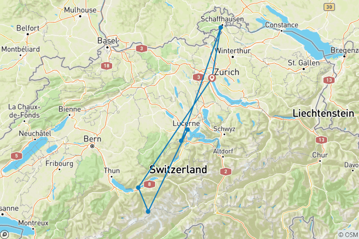 Carte du circuit Les points forts de la Suisse en 4 jours