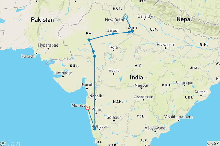 Map of North India Tour with Goa