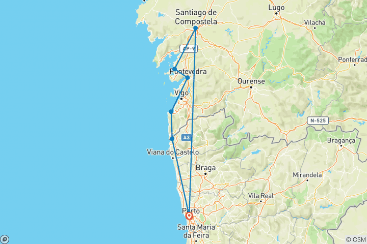 Kaart van Fietstocht met zeevruchten en paradores naar Santiago (8 dagen)