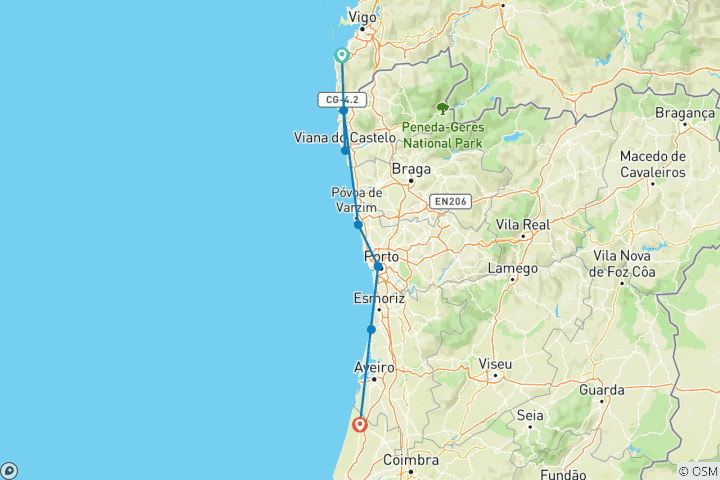 Kaart van Atlantische Kust Fietstocht - Langs gouden zandstranden en vissersdorpjes (8 dagen)