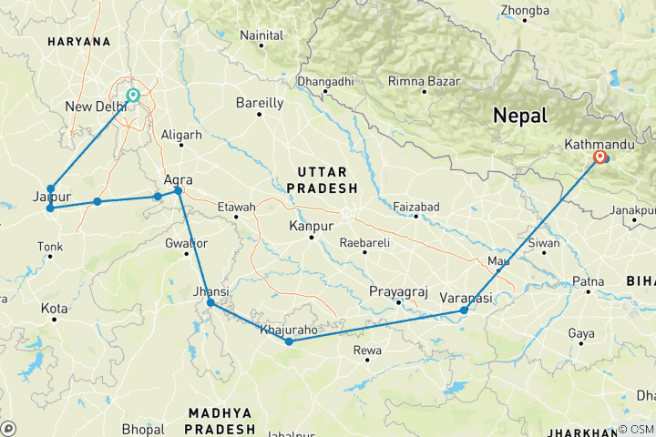 Kaart van Verbazingwekkende India Met Nepal Rondreis