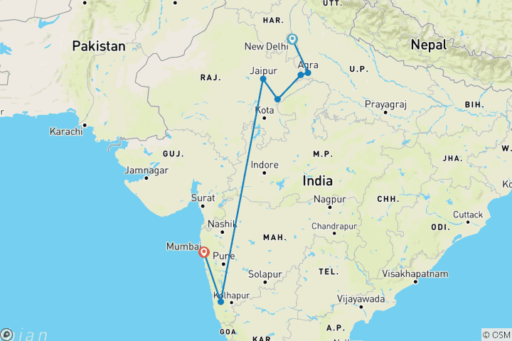 Kaart van Rondreis Noord-india Met Goa