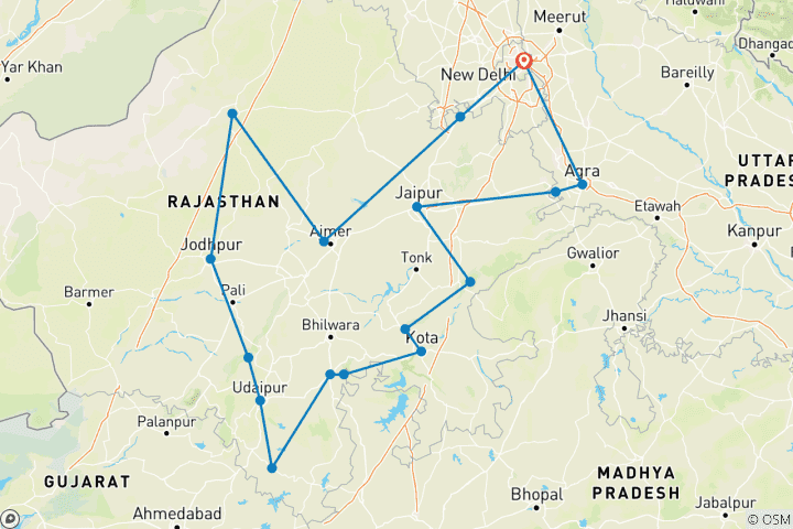 Kaart van Rondreis door Noord-India vanuit Delhi