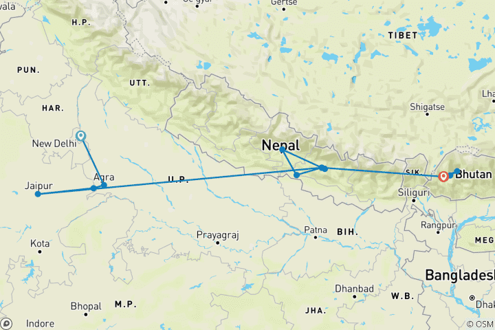 Map of India, Nepal and Bhutan Tour