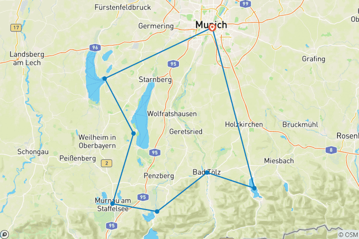 Carte du circuit Tour des lacs de Munich - Magie des lacs en bordure des Alpes Ouest avec transfert des bagages