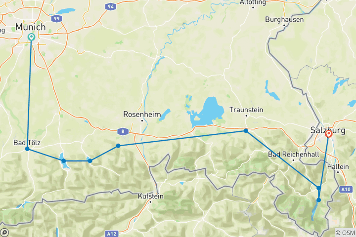 Carte du circuit Lac de Constance-Lac du Roi : tronçon Munich - Salzbourg avec transfert des bagages