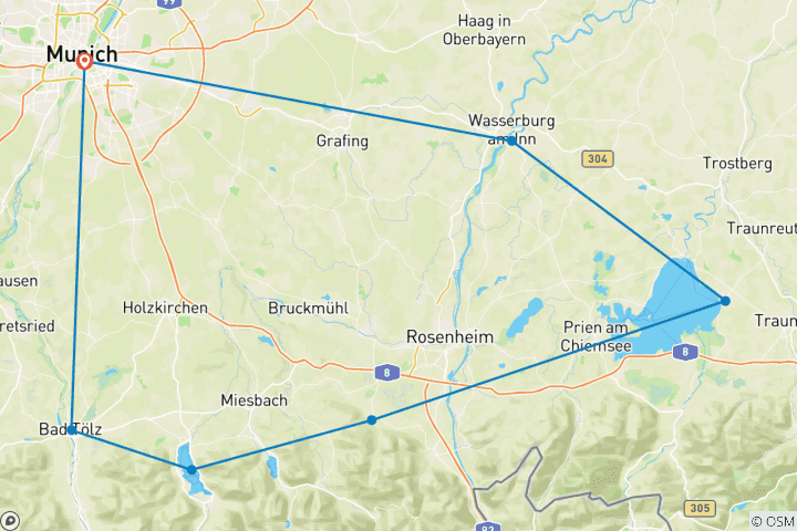 Karte von Münchner Seenrunde - Seenzauber am Alpenrand Ost mit Gepäcktransfer