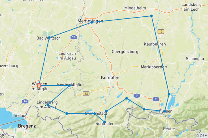 Karte von Radrunde Allgäu: gemütlich mit Gepäcktransfer