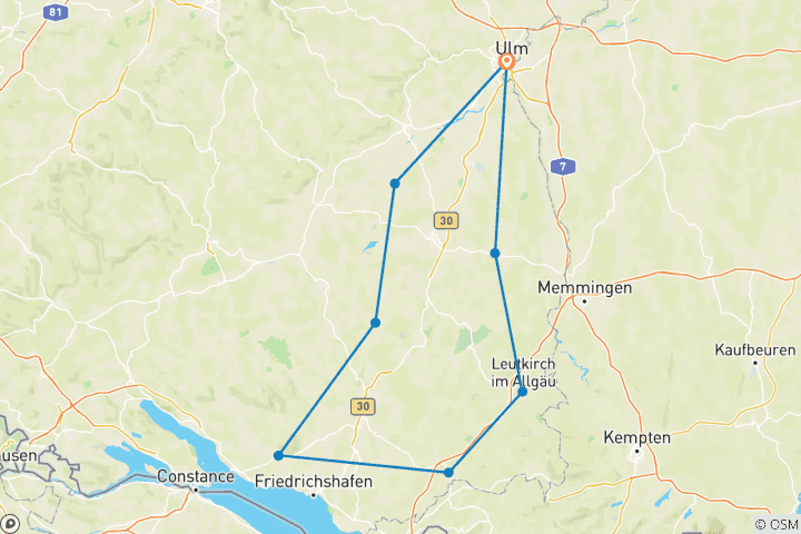 Carte du circuit Piste cyclable Haute-Souabe-Allgäu avec transfert de bagages