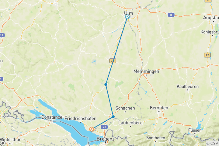 Carte du circuit Piste cyclable Danube-Lac de Constance avec transfert de bagages