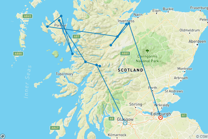 Map of Highlights of Scotland (from Glasgow to Edinburgh)