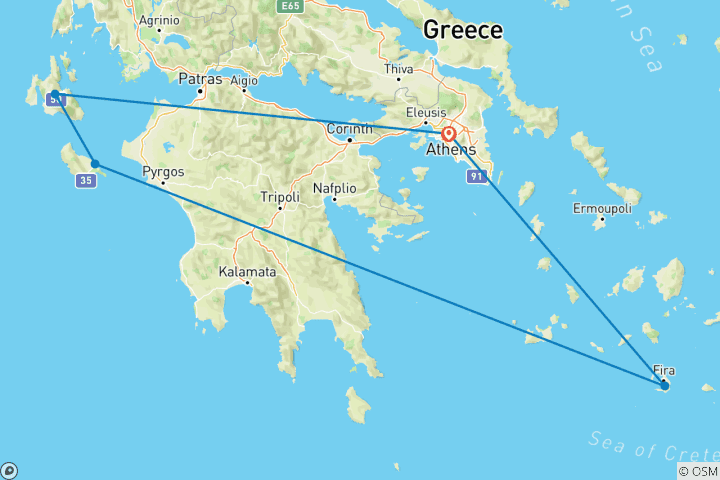 Map of 12 Day Private Tour: Zakynthos, Kefalonia, Santorini & Athens Highlights