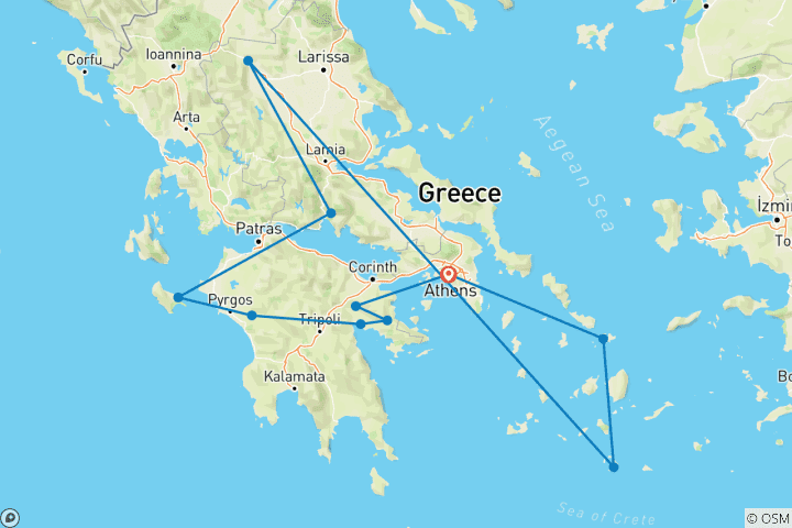 Mapa de Circuito privado de 11 días por la Antigua Grecia, Zante, Mykonos, Santorini y Atenas