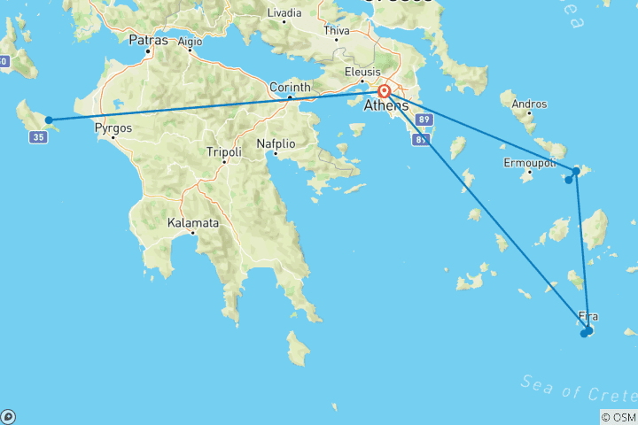 Carte du circuit Zante, Mykonos et Santorin avec 3 visites guidées - Premium