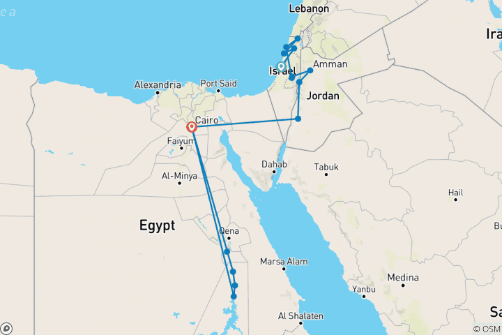 Map of 13 Days Highlights tour of Israel, Jordan & Egypt