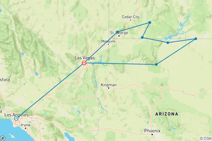 Carte du circuit Golden West Adventure - Los Angeles Downtown - finissant à Las Vegas