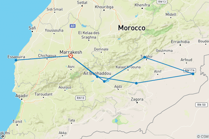 Map of Morocco Family Adventure & Beach - 12 days