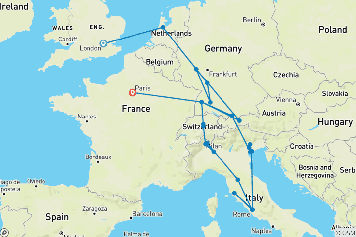 Carte du circuit Highlights of Europe (petits groupes, toutes saisons, début Londres, fin Paris, 15 jours)