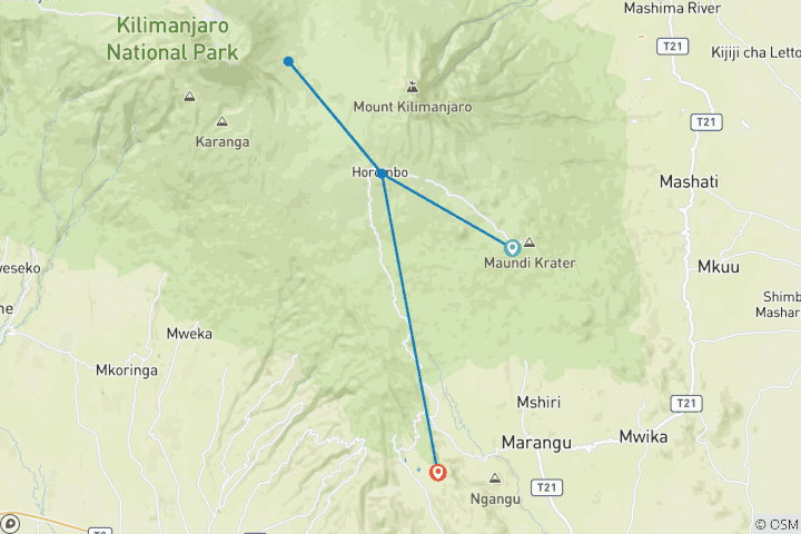 Carte du circuit Ascension du Kilimandjaro par la route de Marangu 5 jours