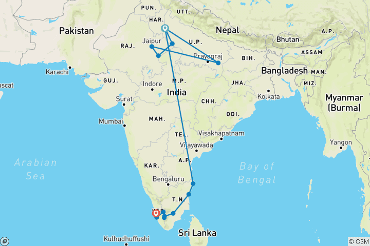 Karte von Premium Nord- und Südindien (von Neu Delhi bis Kochi (Cochin))