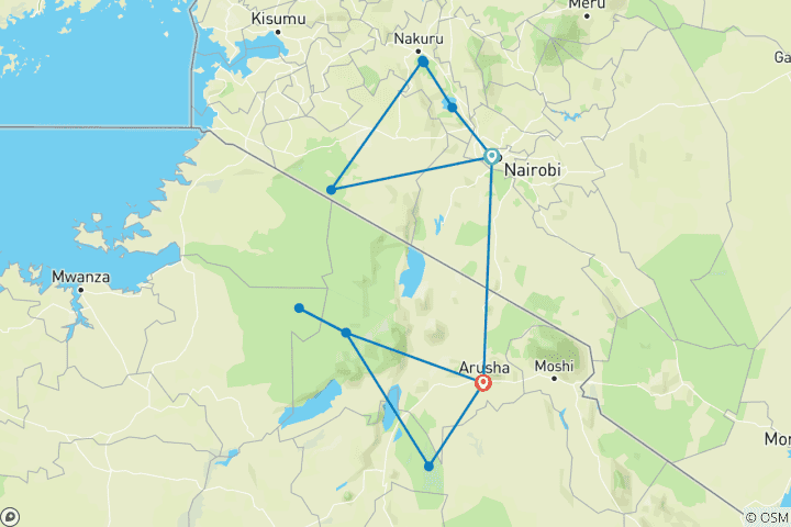 Map of Premium Kenya & Tanzania (12 destinations)