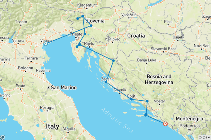 Map of Premium Venice to Dubrovnik (15 destinations)