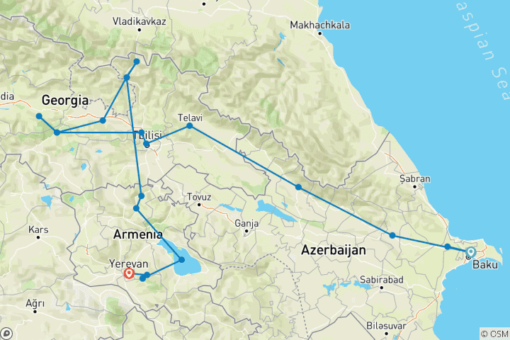 Map of Premium Azerbaijan, Georgia & Armenia (21 destinations)