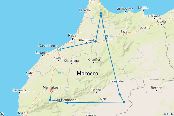 Carte du circuit Premium Maroc en profondeur (18 destinations)