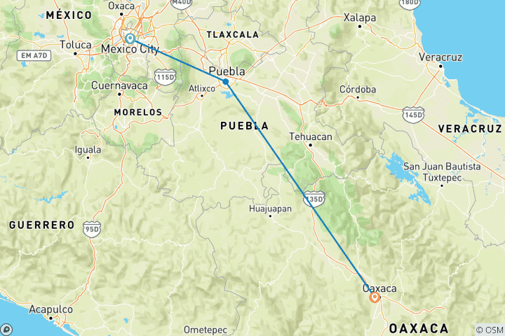 Map of Premium Mexico City to Oaxaca