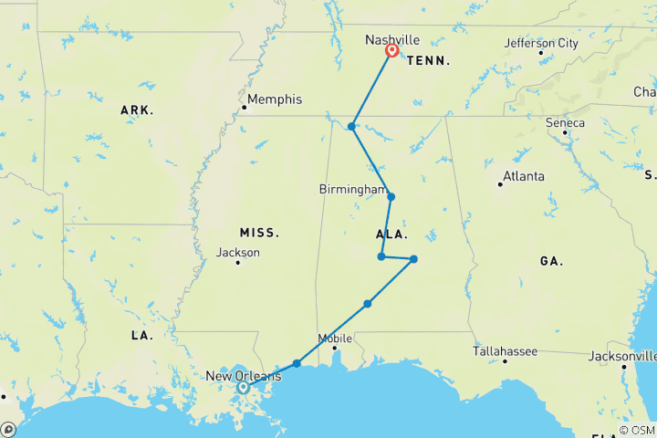 Map of Boogie & Blues: The Southern U.S. By Design