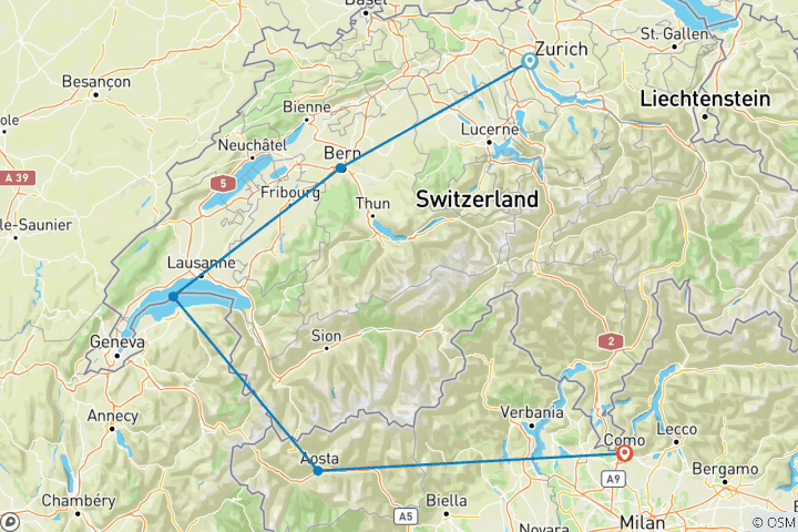 Carte du circuit Les Alpes à voix haute : Suisse et lac de Côme By Design