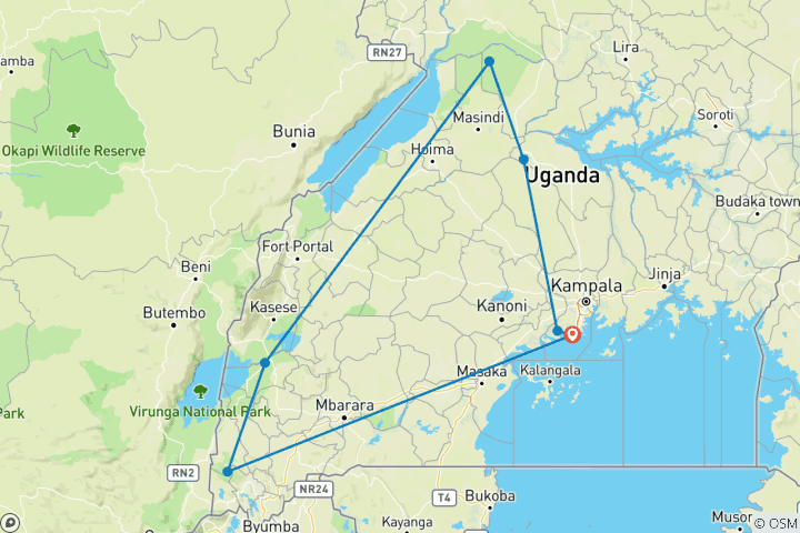 Karte von Uganda umfassend: Buschfahrten, Wildtiersichtungen und Gorillatrekking