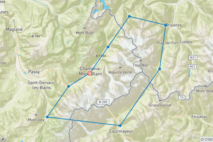 Mapa de Circuito completo del Mont Blanc, habitaciones privadas - circuito autoguiado; 12 días