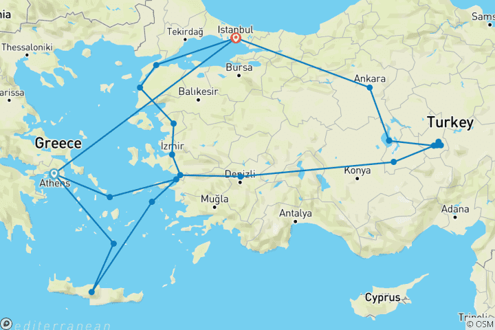 Mapa de Lo mejor de Grecia y Turquía con un crucero de 3 días