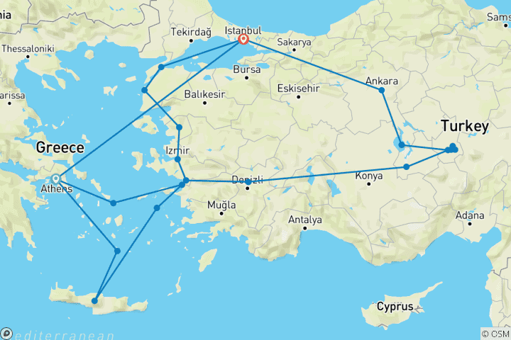 Map of Best of Greece and Turkey with 3-day Cruise