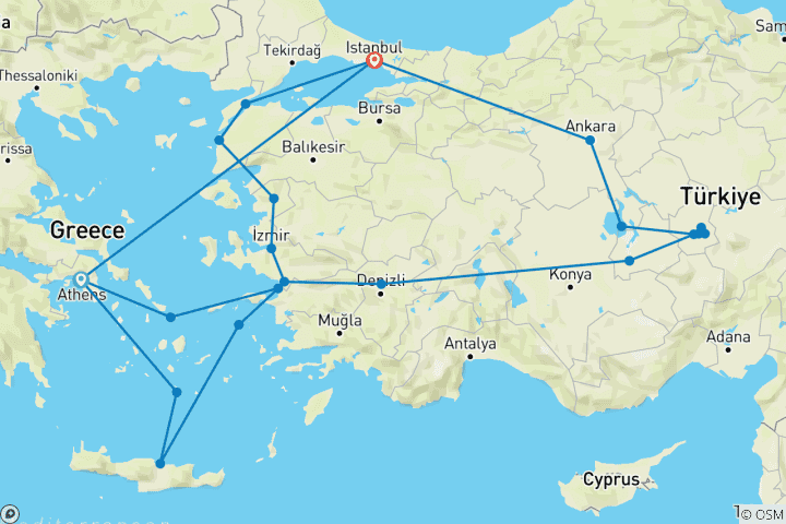 Carte du circuit Le meilleur de la Grèce et de la Turquie avec une croisière de 3 jours (petit groupe)
