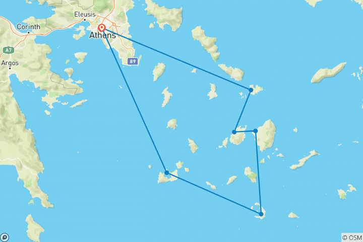 Map of 5 Greek Islands Odyssey - 11 Days - Standard