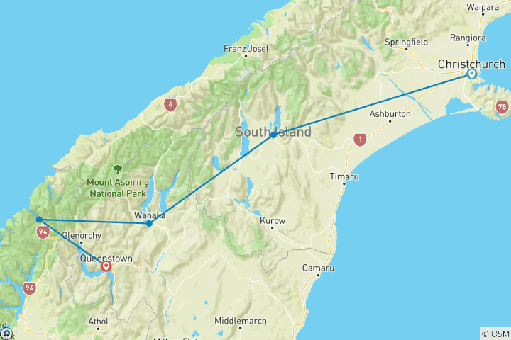 Kaart van Avontuurlijke reis door Nieuw-Zeeland – Zuid