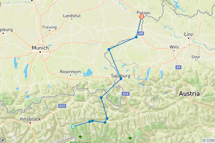 Map of Tauern Cycle Route BummlerTour Krimml - Passau 10 days