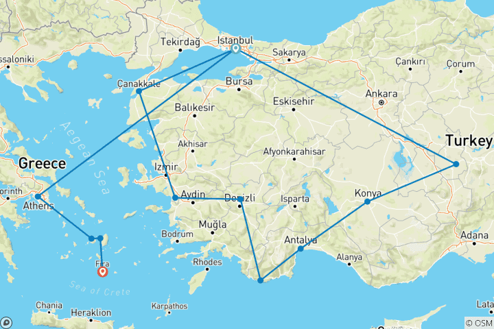 Carte du circuit Premium Turkey et; The Cyclades Islands in Depth - La Turquie et les îles Cyclades en profondeur