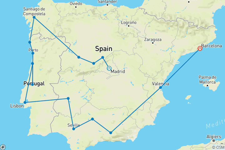 Carte du circuit Découverte de l'Espagne et du Portugal - 15 jours